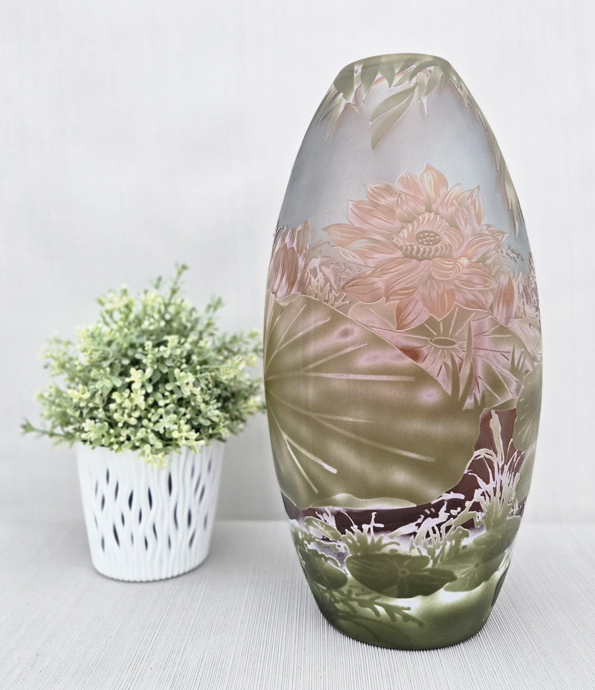 エミール・ガレ風 カメオガラス 花瓶 2点セット／風景文様（山と湖／海