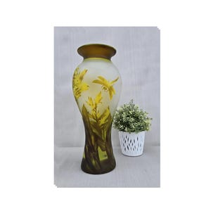 Large Vase for flowers - Glass vase yellow and brown - Emile Galle style - Solid glass cameos - Home decor - gift - limited edition