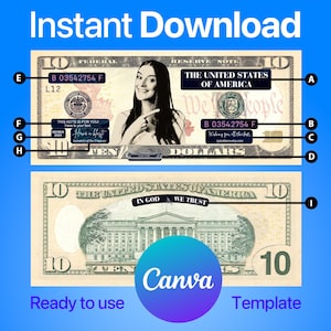 Custom Face 10 Dollar Bill Template: Personalized Party Prop (Digital Download)