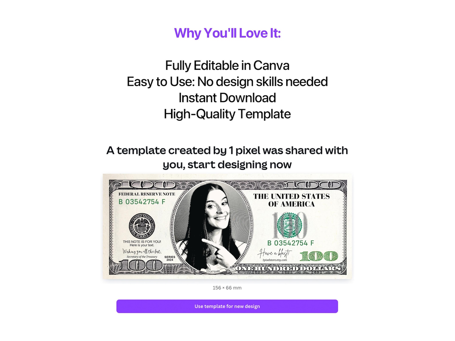 Personalized 100 Dollar Bill Canva Template (digital Download) - Etsy