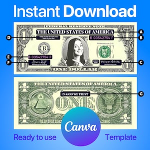 Personalisierte 1 Dollar-Schein Canva Vorlage Bild auf Dollar Fake Geld bearbeitbares Dollar benutzerdefinierte Dollar Bill Geburtstag Geld Gesicht auf Geld