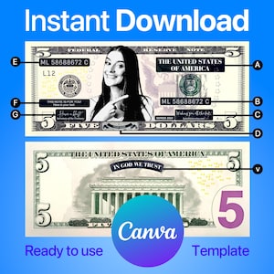 Puede incluir: Una plantilla digital para un billete de cinco dólares con la cara de una mujer y el texto "This note is for you. Have a blast!" La plantilla está lista para usar con Canva.