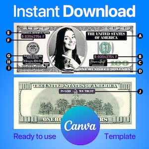 Editable 100 Dollar bill Canva Template. Instant Download. Play Money, Personalized gift for party, wedding, birthday, play, celebration.