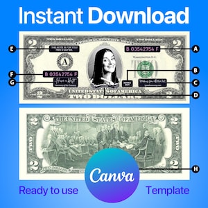 Personalizado 2 Dólar billete canva plantilla, imagen en el dólar, dinero falso, billete de dólar personalizado, dinero de cumpleaños