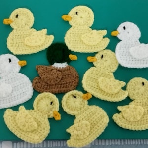Può includere: Una collezione di nove applicazioni di animali all'uncinetto, tra cui anatre, un germano reale e un'oca. Le applicazioni sono realizzate in vari colori, tra cui giallo, bianco, marrone e verde.