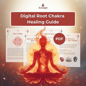 May include: Digital Root Chakra Healing Guide PDF. The image features a stylized illustration of a person in a meditative pose, with a fiery red and orange color scheme. The guide includes text about the Root Chakra and healing rituals.