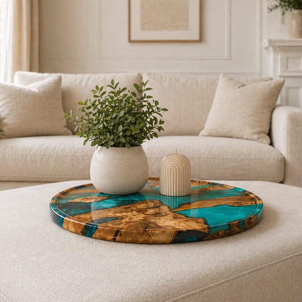 Round Olive Wood Resin Serving Tray, Charcuterie Board, Ottoman Coffee Bed Lap Use