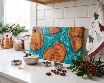 Olive Wood Board Wooden Serving Tray Christmas Gifts for Mom Her Dad, Epoxy Cutting Board Charcuterie Platter, Decorative Cheese Platter