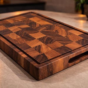 Puede incluir: Tabla de cortar rectangular de madera de testa, con un patrón de tablero de ajedrez de bloques de madera marrón oscuro y claro. Tiene un canal para jugos y un hueco para el asa. Mide aproximadamente 40 cm x 30 cm.