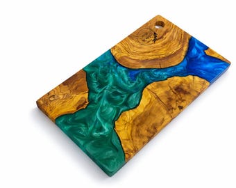 Tabla de cortar personalizada de madera de olivo con resina epoxi, bandeja de servir River grabada a medida