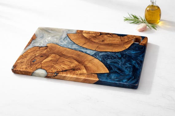 Personalized Olive Wood Epoxy Cutting Board, Engraved Family Name Wedding Gift for Couple, Rustic Kitchen Board Custom Keepsake