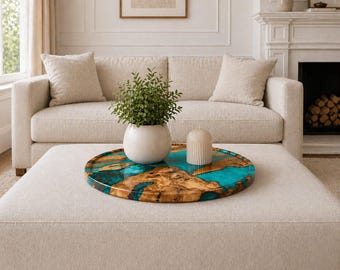 Round Serving & Charcuterie Board for Breakfast, Ottoman Tray with Olive Wood, Coffee Table or Bed Lap Use