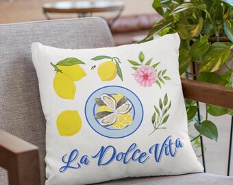 La Dolce Vita premium cushion, summer cushion with La Dolce Vita design, lemons and oysters aesthetic, Coastal Italian Summer