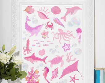 Cute Pink Sea Animals Poster, Sea Animal Poster, Flirty Coastal Girly Poster, Wall Decor, NO FRAME