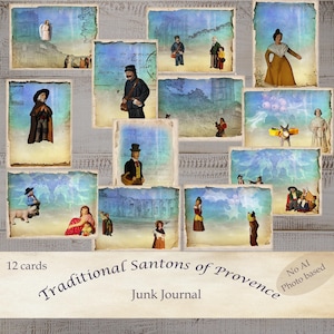 May include: A collection of 12 vintage-style cards featuring illustrations of traditional Santons of Provence. Each card has a unique illustration with a distressed, aged appearance. The cards are arranged on a weathered, light-colored wooden surface.