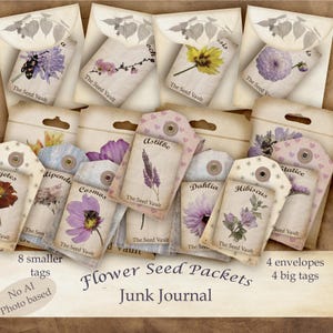 Flower seed packet junk journal, printable vintage flower mini envelope and tags. 4 pages, 11 x 8&quot;, for junk journal, scrapbook, card making