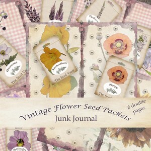 Pacote de sementes de flores, diário de lixo, seis páginas duplas para impressão, 11 x 8,5. Flores vintage. Para diário de lixo, scrapbook, fabricação de cartões, artesanato