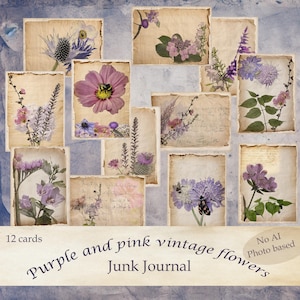 Cartes de journal imprimables roses et violettes à l'aquarelle florale, aspect papier vieilli. 3 pages, 11 x 8,5 po. pour carnet de bord, scrapbooking, cartes