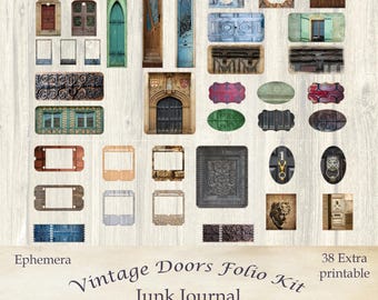 May include: A collection of printable ephemera for junk journals, featuring vintage door designs. The kit includes various shapes and sizes, with distressed textures and colors like teal, brown, and blue. The text "Vintage Doors Folio Kit Junk Journal" is visible.