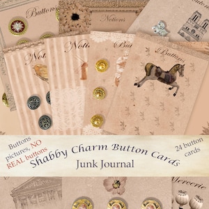 Puede incluir: Un conjunto de 24 tarjetas de botones con encanto de estilo vintage con una estética shabby chic. Las tarjetas presentan una variedad de botones, incluidos oro, plata y latón, así como una variedad de diseños. Las tarjetas son perfectas para agregar un toque de encanto vintage a tu diario de chatarra u otros proyectos de manualidades.