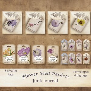 Pacote de sementes de flores, diário de lixo, mini envelope de flores vintage para impressão e etiquetas. 4 páginas, 11 x 8", para diário de lixo, álbum de recortes, criação de cartões