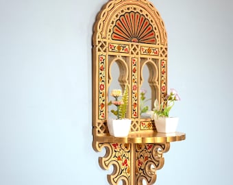 Hand-Painted Moroccan Arch Mirror with Shelf: Boho Entryway Decor