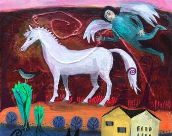 White Horse Blue Angel Black Dog Original Painting