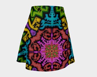 Bright Tribal Animals Mandala Flare Skirt