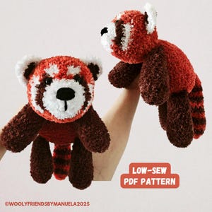 May include: Two handmade red panda plush toys. The plush toys have white accents on the face and ears, with dark brown legs and a striped tail. The text "LOW-SEW PDF PATTERN" is in a red box. The copyright text is "©WOOLYFRIENDSBYMANUELA2025".