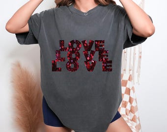 Love Aesthetic Tshirt, Vintage Wash Gift for Her, Sequin Tee, Font Graphic Shirt, Typography Tee, Romantic Red T-shirt, Graphic Statement T