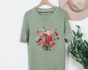 Rose Aesthetic Tshirt, Botanical Vintage T, Gardener Gift, Bouquet Tee, Nature Plant Shirt, Romantic Floral Tee, Cottagecore Flower T-shirt