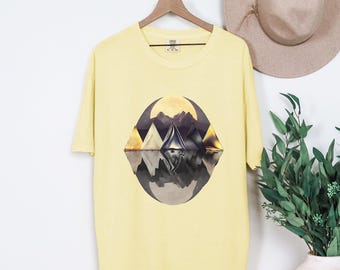 Mountain Night Tshirt, Pyramid Art T-shirt, Mystical Gift T, Cosmic Night Shirt, Celestial Tee, Stars Unisex T, Surreal Abstract Full Moon T