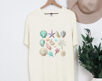Seashells Tshirt, Beach Lover Gift, Sea Tee, Marine Nature Shirt, Aesthetic Nautical T, Pastel T-shirt, Shells Tshirt, Coastal Clothing