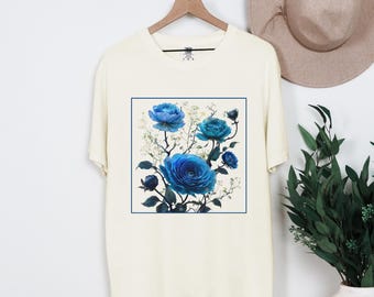 Blue Rose Tshirt, Botanical Vintage T, Gardener Gift, Dark Floral T, Nature Plant Shirt, Retro Flower Tee, Cottagecore Illustration T-shirt