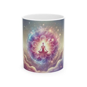 Meditation Ceramic Mug, Yoga Gift, Spiritual Coffee Cup, Mindfulness Mug, Cosmic Artwork, Meditation Lover&#39;s Gift, Aura Mug