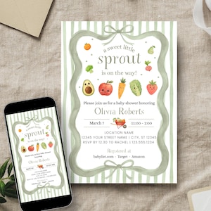 May include: Baby shower invitation with a green and white striped background. The invitation features the text "a sweet little sprout is on the way!" and illustrations of fruits and vegetables. A smartphone displays the same design.