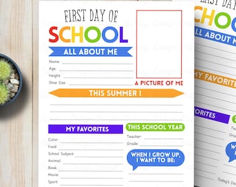 First & Last Day of School Interview. All About Me Questionnaire. Back to School. Printable 8.5 x 11 Bundle. Instant PDF Download.