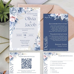 Floral Dusty Blue Wedding Invitation, RSVP, and Details Digital Template. Wedding Invitation Bundle. Customizable invitation.