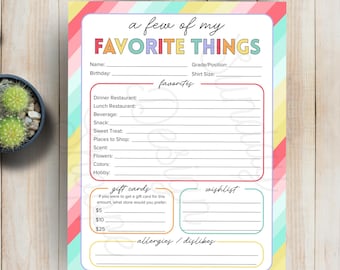 Printable Teacher & Staff Favorites Interview/Questionnaire. My Favorite Things. Back to School Printable. 8.5 x 11 PDF. Instant Download.