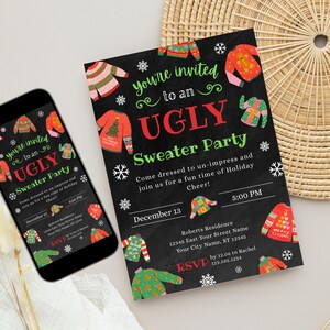May include: An invitation for an Ugly Sweater Party on a black background, with the text "You're invited to an Ugly Sweater Party". The invitation includes colorful sweater illustrations and event details. A smartphone displays the same invitation.