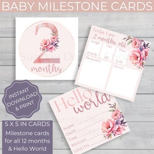 Cartes d'étape imprimables pour bébé. Cartes de 5 x 5 pouces. Cartes florales roses d'étape de bébé. Téléchargement numérique. Téléchargement PDF.