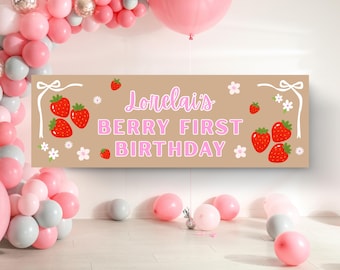 Berry First Birthday Banner • Editable Template • Strawberry Theme • Butcher Paper Background • Print at Walgreens • Instant Download