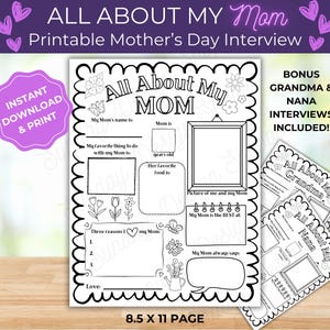Entrevista para o Dia das Mães "Tudo sobre minha mãe" para impressão. Entrevistas com a avó e a avó incluídas. PDF 8,5 x 11 para impressão. Download instantâneo do PDF.