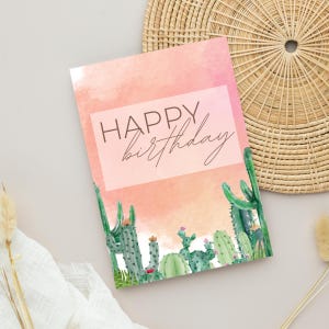 Carte d'anniversaire imprimable, cactus coucher de soleil, carte pliée 5 x 7, Portrait. Téléchargement numérique. Téléchargement PDF.