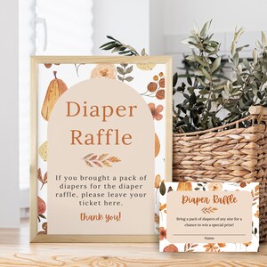 Fall Baby Shower Diaper Raffle Sign & Matching Ticket. Instant Download and Print PDF files. 8x10 and 5x7 Signs, 3.5x5 Raffle Tickets.