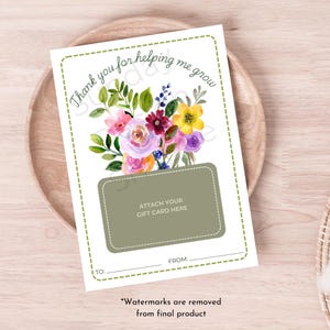 Porte-cartes cadeau imprimable Merci de m'avoir aidé à grandir, bouquet multicolore. Carte d'appréciation de l'enseignant. Téléchargement numérique. Téléchargement PDF.