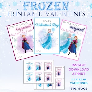 Printable Frozen Princess Valentines. 2.5 x 3.5 in Cards. Digital Download. PDF Download.