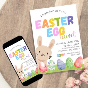 May include: An invitation to an Easter egg hunt with a cute bunny rabbit illustration and colorful eggs. The invitation says "Please join us for an Easter Egg Hunt" and includes the date, time, and location. RSVP information is also included.