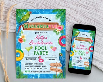 Margarita-Veil Bachelorette Party Invitation Template, Bachelorette Pool Party, Printable & Smartphone
