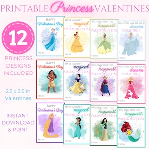 Printable Princess Valentines. 2.5 x 3.5 in Cards. Digital Download. PDF Download.